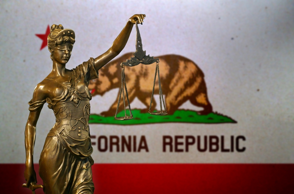 California Criminal Justice System represented by California flag and lady liberty