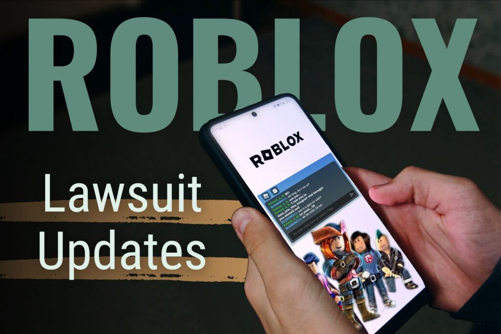 Man Chatting on Roblox with Teen and the text "Roblox Lawsuit Updates" for File Abuse Lawsuit 