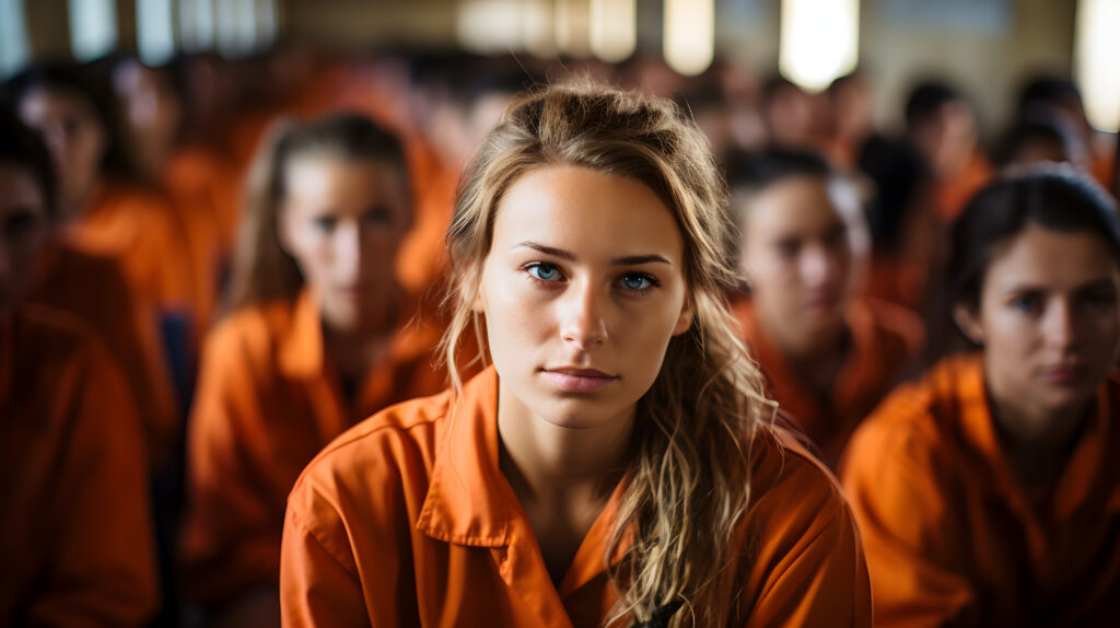 Woman looking at camera in group of female prisoner at FCI - sexual assault at FCI Dublin - File Abuse Lawsuit