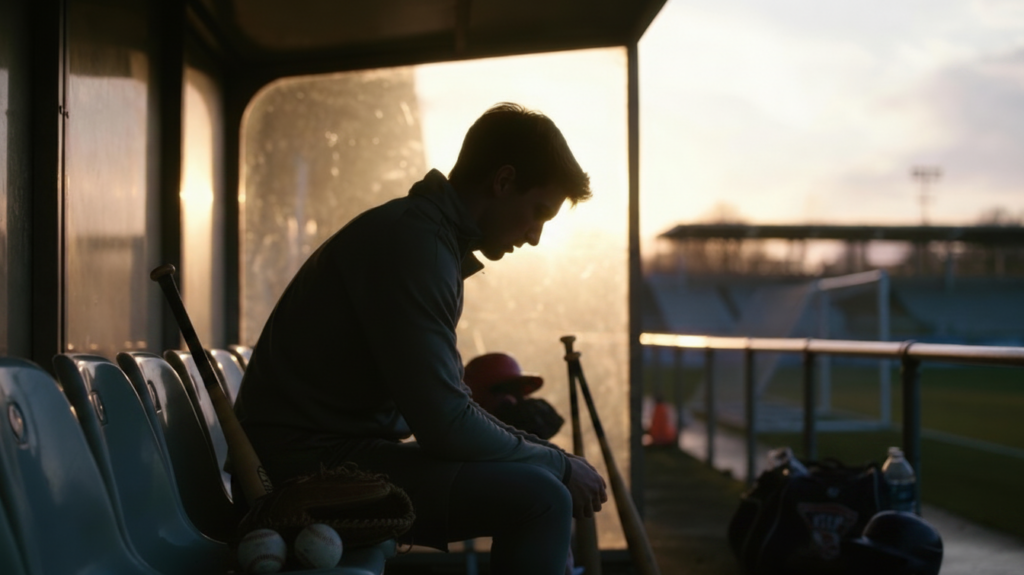 sad teen boy athlete sits in dugout alone contemplating his situation - File Abuse Lawsuit