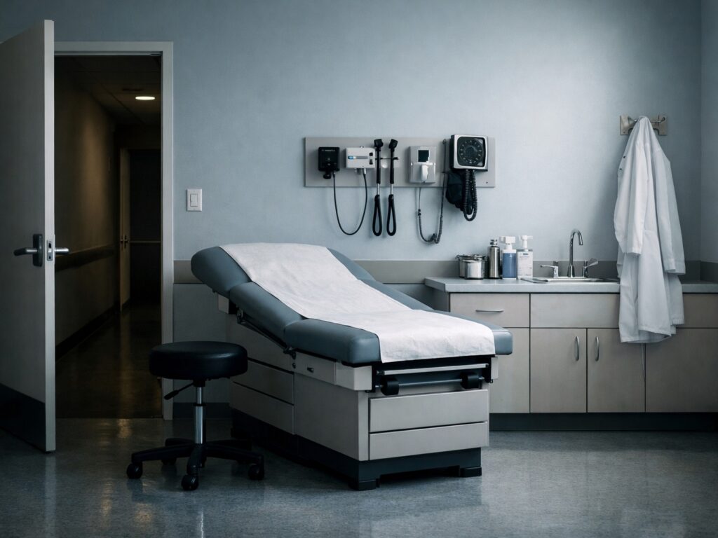 Empty medical examination room representing civil lawsuits against doctors for sexual assault and the process of reporting doctor sexual abuse.