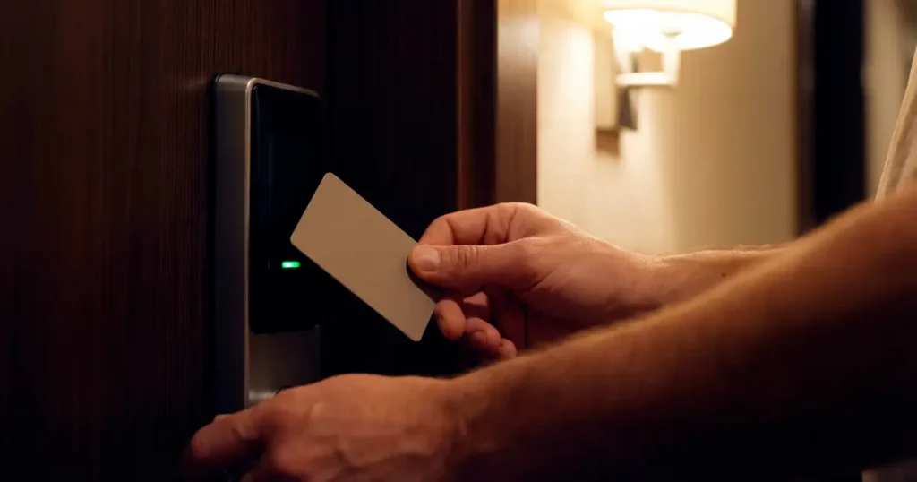 person with key card entering hotel room