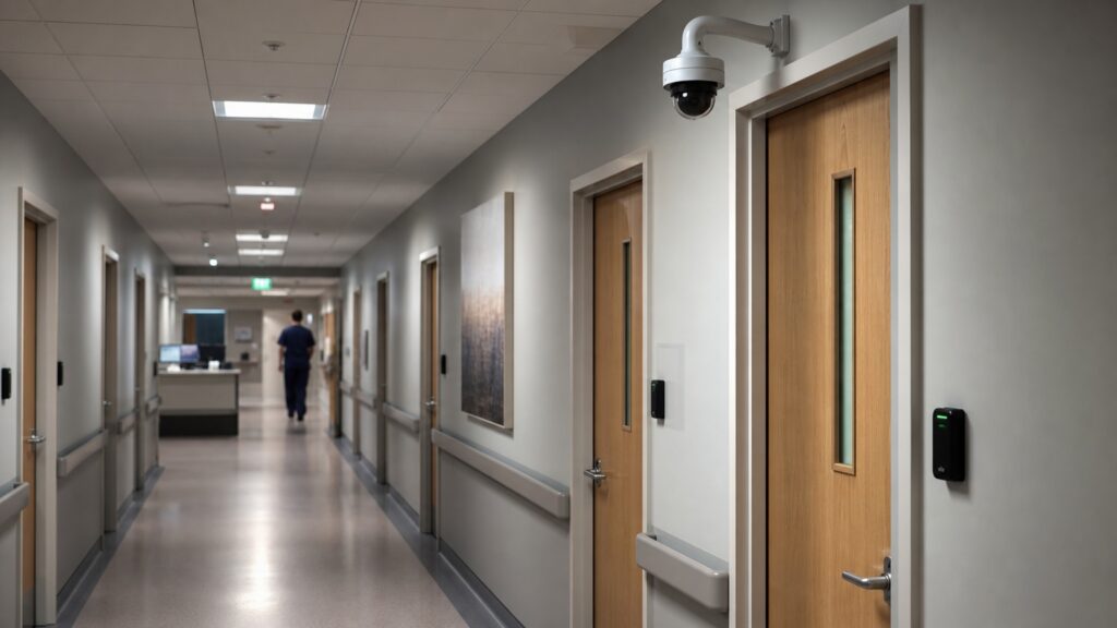 Hospital Corridor With Security Camera and Closed Patient Room Doors - Hospital Sexual Abuse Lawyer - File Abuse Lawsuit