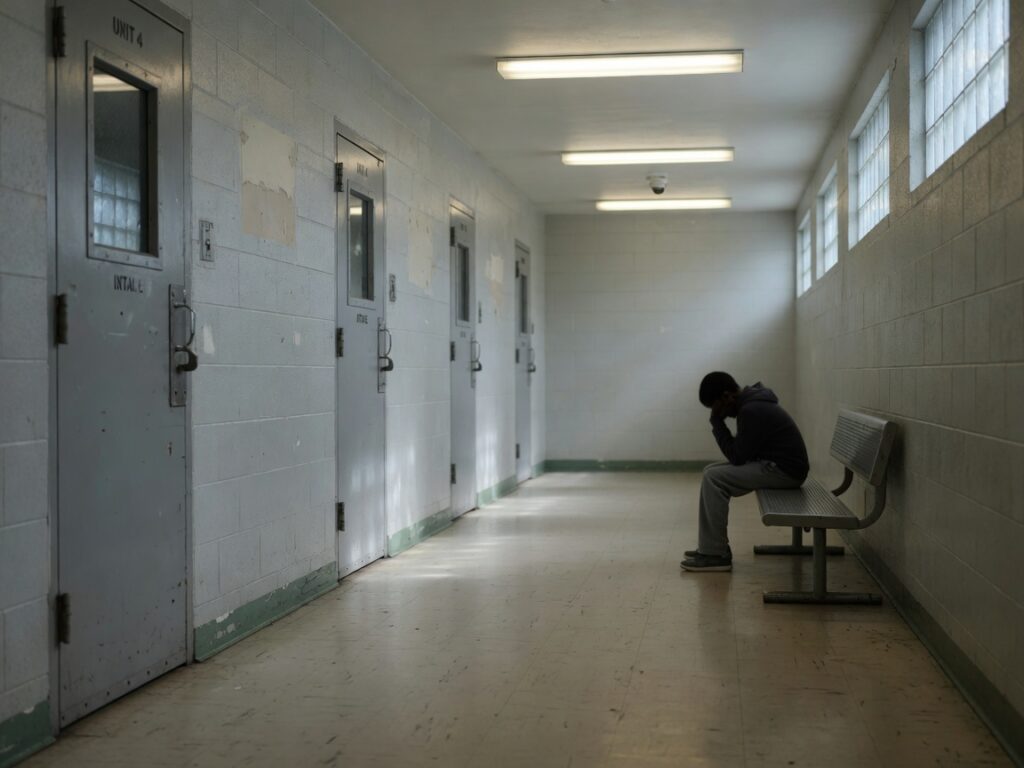 Teenager sitting alone on a bench in a juvenile detention facility hallway, representing survivors of sexual abuse at Riverside Juvenile Hall seeking justice through a civil lawsuit.
