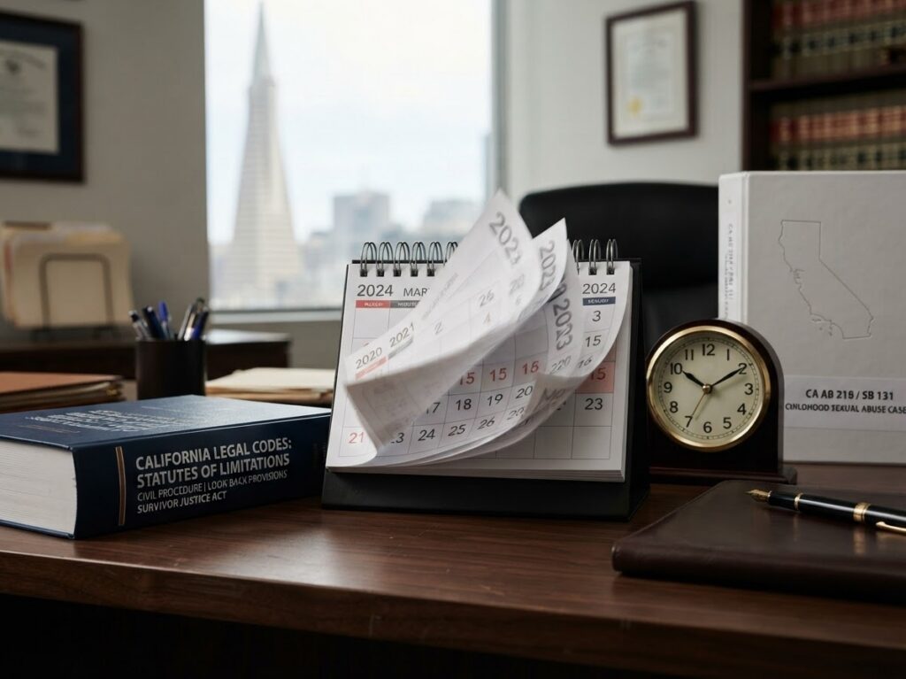 Calendar and California legal documents representing look-back laws and deadlines for childhood sexual abuse claims.