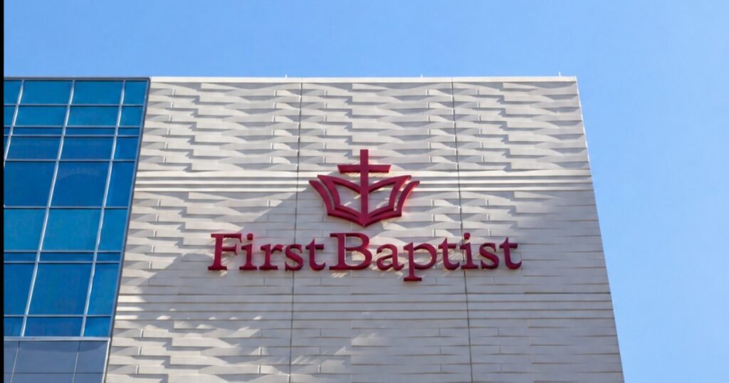 first baptist church sign on building - southern baptist sexual abuse lawsuits