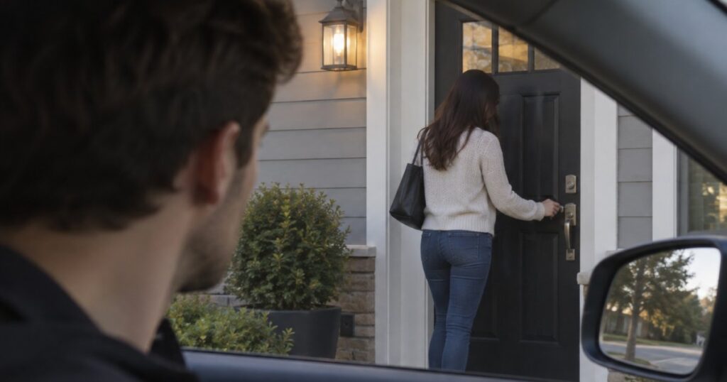 man watching stalking victim after using airtag to find her - File Abuse Lawsuit/Dolman Law Group